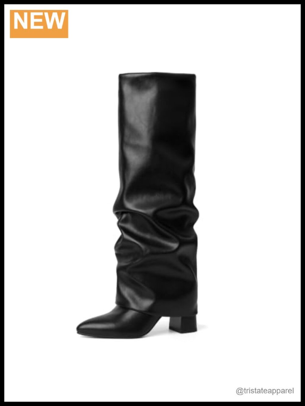 Faux Leather Knee High Boots Pointed Toe Chunky High Heel Fold Over Pull On